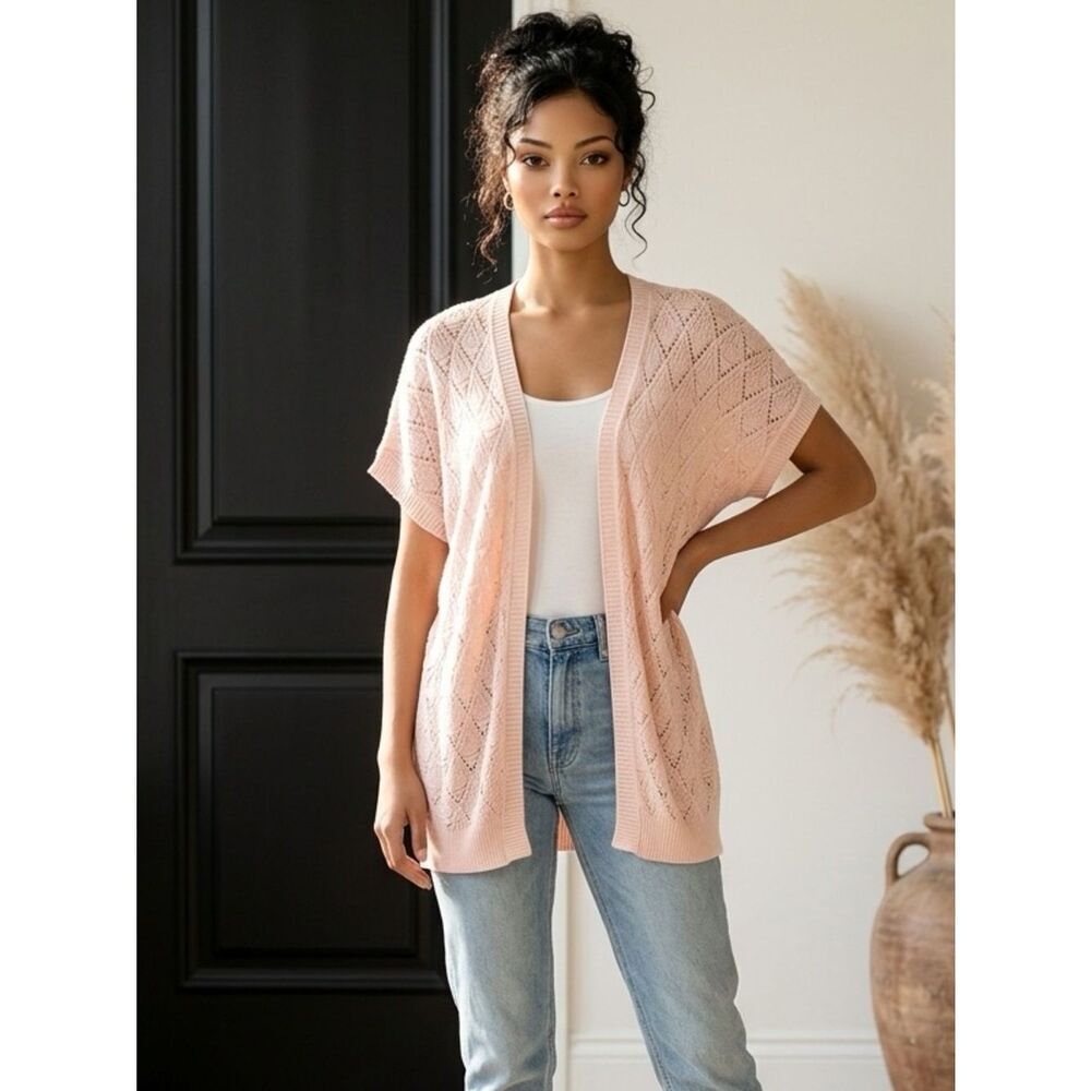 NWOT POL Women's  Pink Open Front Short Sleeve Crochet Cardigan Kimono - Size S